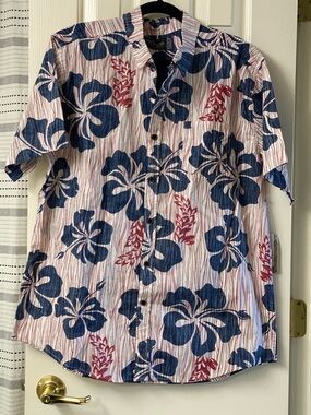Retrofit 100% Cotton Floral Tropical Button-Up Shirt - Navy & Red Size XL